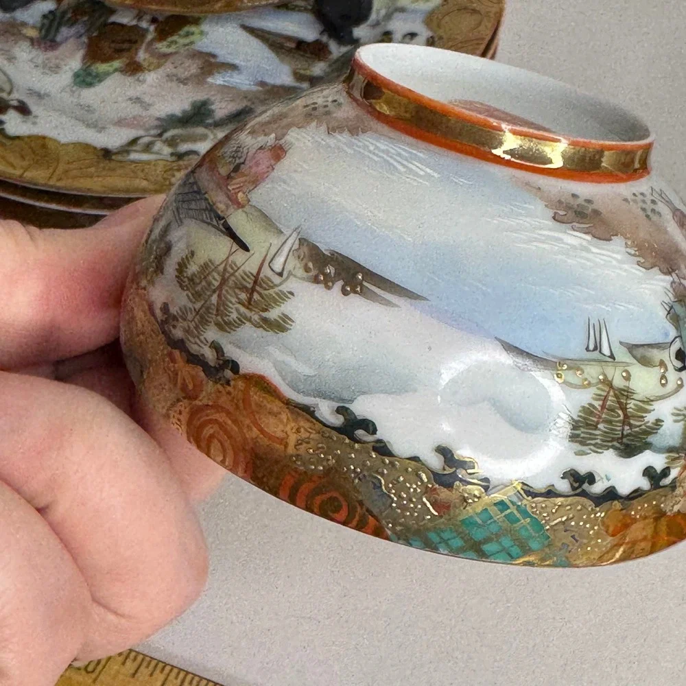 Vintage 5-Pc Kutani Japanese Eggshell Porcelain Teacup & Bread‎ Plates Gold Gilt
